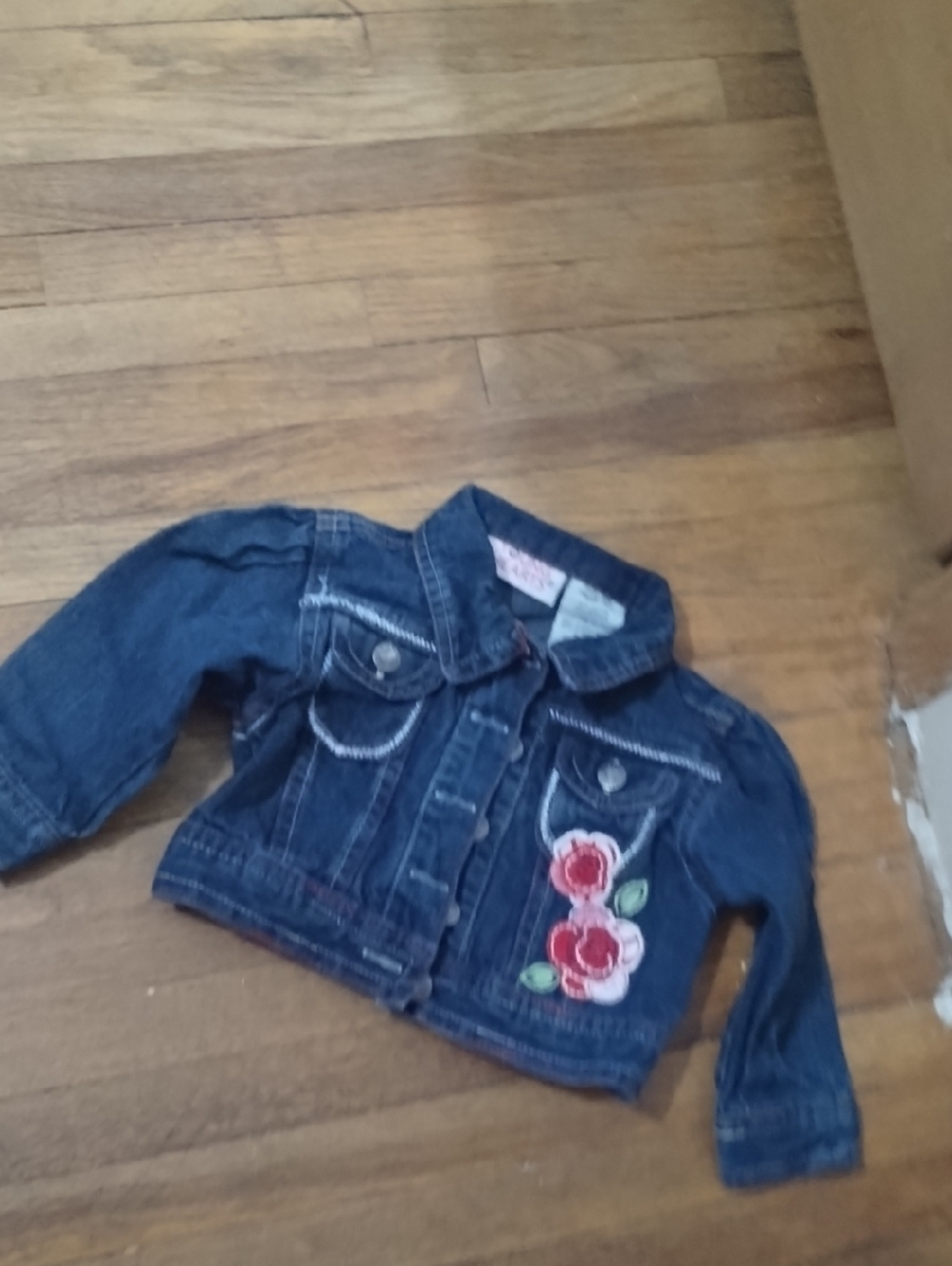 Girls Dark Blue Denim Jacket with Floral Applique